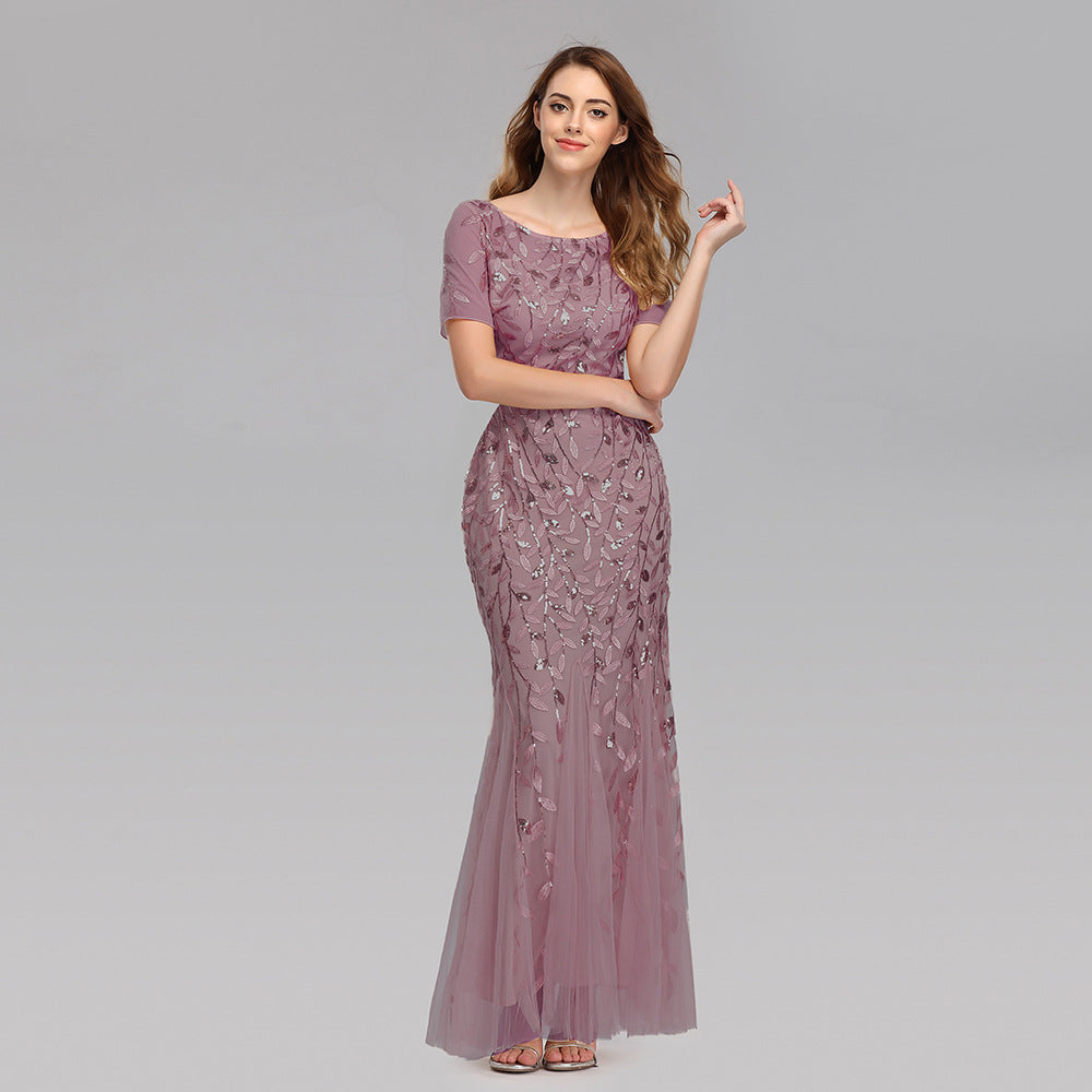 Summer Autumn Banquet Host Slim Mesh Sequ Evening Dress Fishtail Dress for Women by Ragazza
