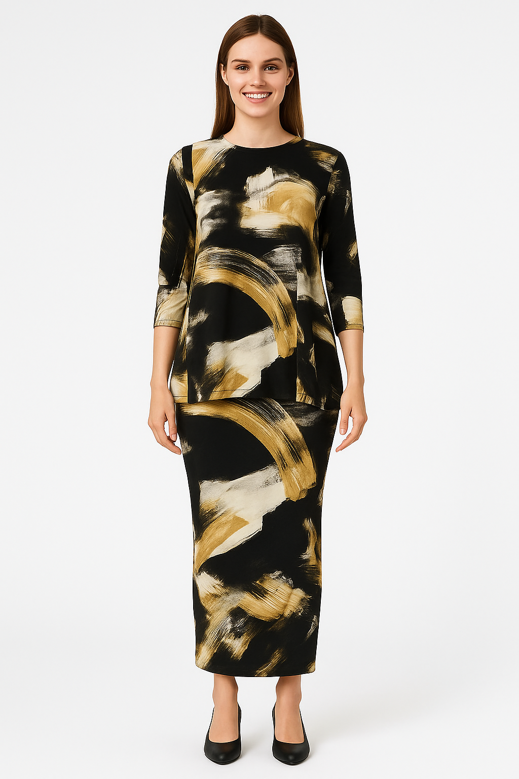 Modest Flow Tunic - High Neckline, 3/4 Sleeves with Modern Slit Detail by Kosher Casual USA