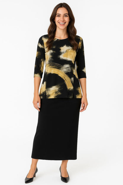 Modest Flow Tunic - High Neckline, 3/4 Sleeves with Modern Slit Detail by Kosher Casual USA