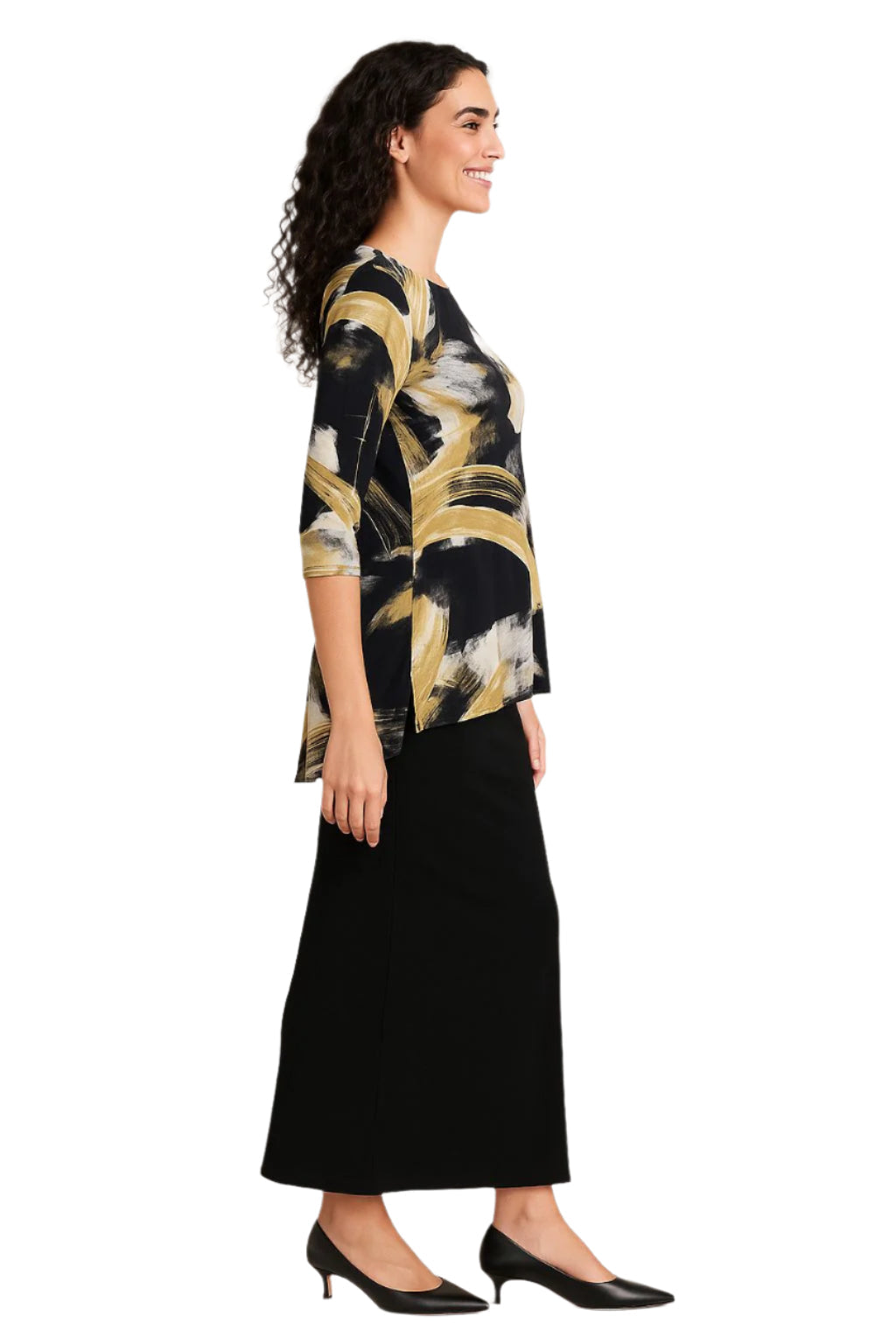 Modest Flow Tunic - High Neckline, 3/4 Sleeves with Modern Slit Detail by Kosher Casual USA