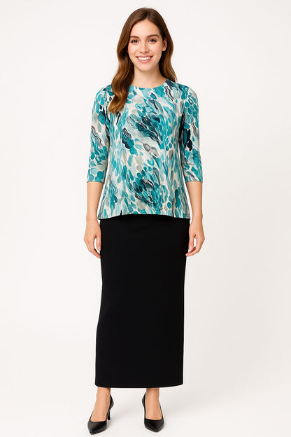 Modest Flow Tunic - High Neckline, 3/4 Sleeves with Modern Slit Detail by Kosher Casual USA
