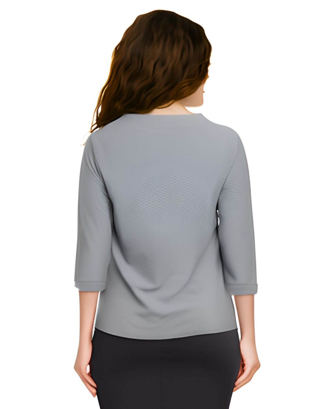 Asymmetric Waffle Knit T-Shirt with Elongated Front Hem - 3/4 Sleeve High Neck Women&