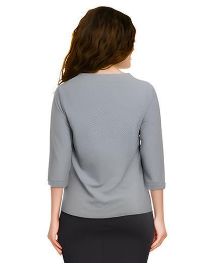 Asymmetric Waffle Knit T-Shirt with Elongated Front Hem - 3/4 Sleeve High Neck Women&