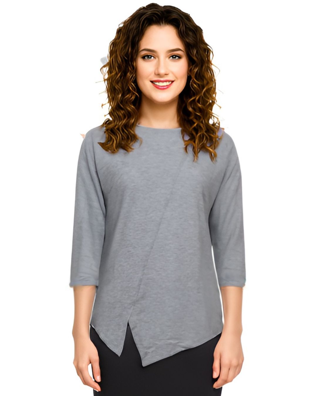 Asymmetric Waffle Knit T-Shirt with Elongated Front Hem - 3/4 Sleeve High Neck Women&
