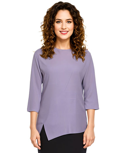 Asymmetric Waffle Knit T-Shirt with Elongated Front Hem - 3/4 Sleeve High Neck Women&