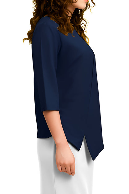 Asymmetric Waffle Knit T-Shirt with Elongated Front Hem - 3/4 Sleeve High Neck Women&
