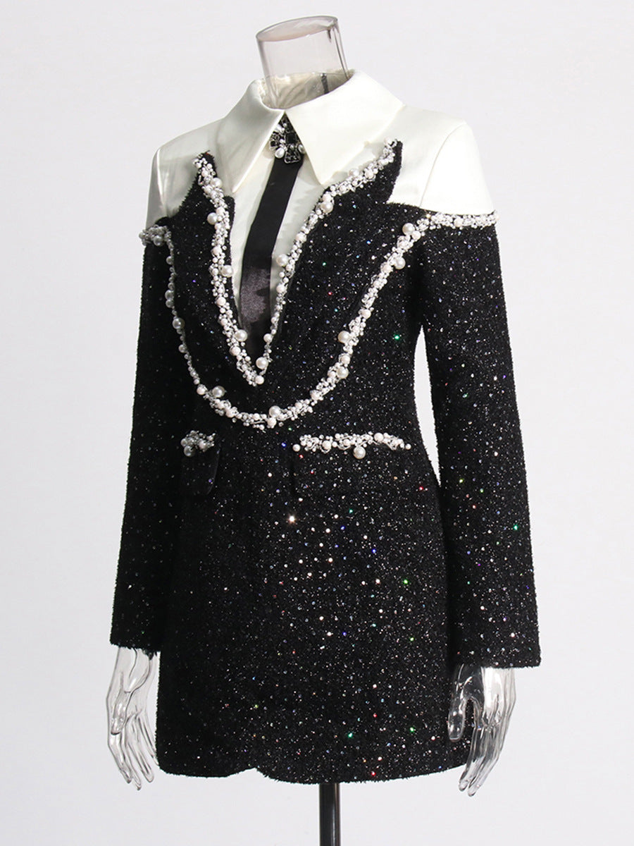 Autumn Private Clothing Socialite Chanel Collared Patchwork Beaded Sequ Woolen Slim A line Dress Women by Ragazza