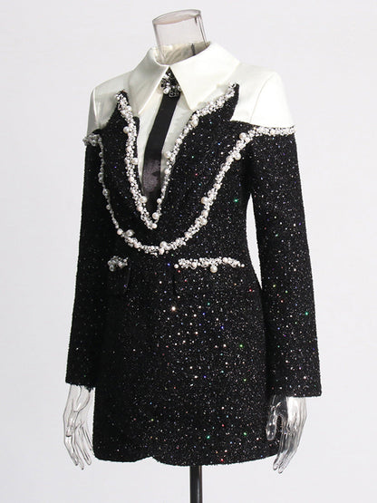 Autumn Private Clothing Socialite Chanel Collared Patchwork Beaded Sequ Woolen Slim A line Dress Women by Ragazza