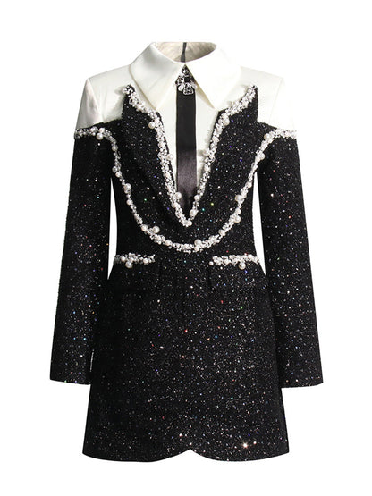Autumn Private Clothing Socialite Chanel Collared Patchwork Beaded Sequ Woolen Slim A line Dress Women by Ragazza