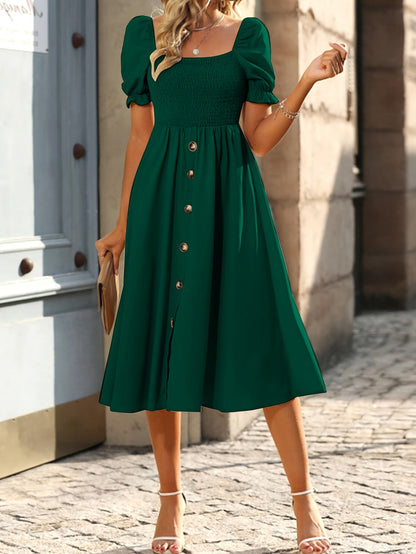 Women Summer Solid Button Elegant A Line Dress by Ragazza