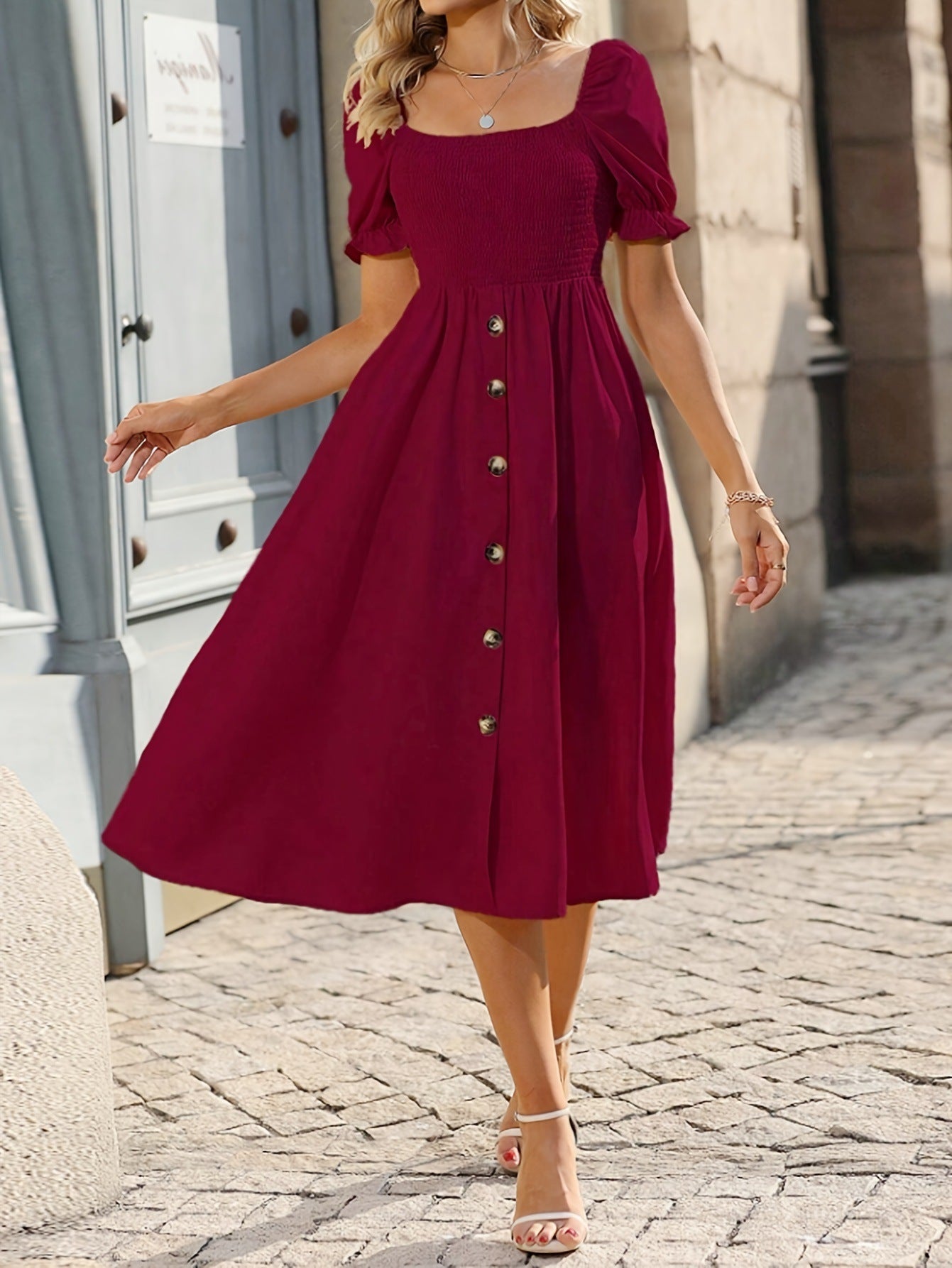 Women Summer Solid Button Elegant A Line Dress by Ragazza