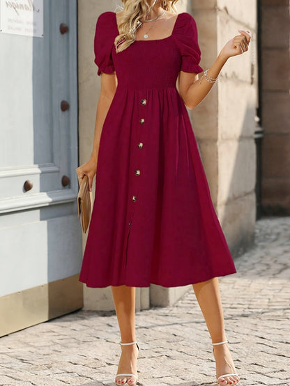 Women Summer Solid Button Elegant A Line Dress by Ragazza