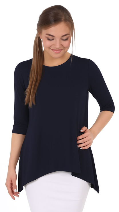 Modest Handkerchief Tunic Top - 3/4 Sleeve Comfort Flow Design by Kosher Casual USA