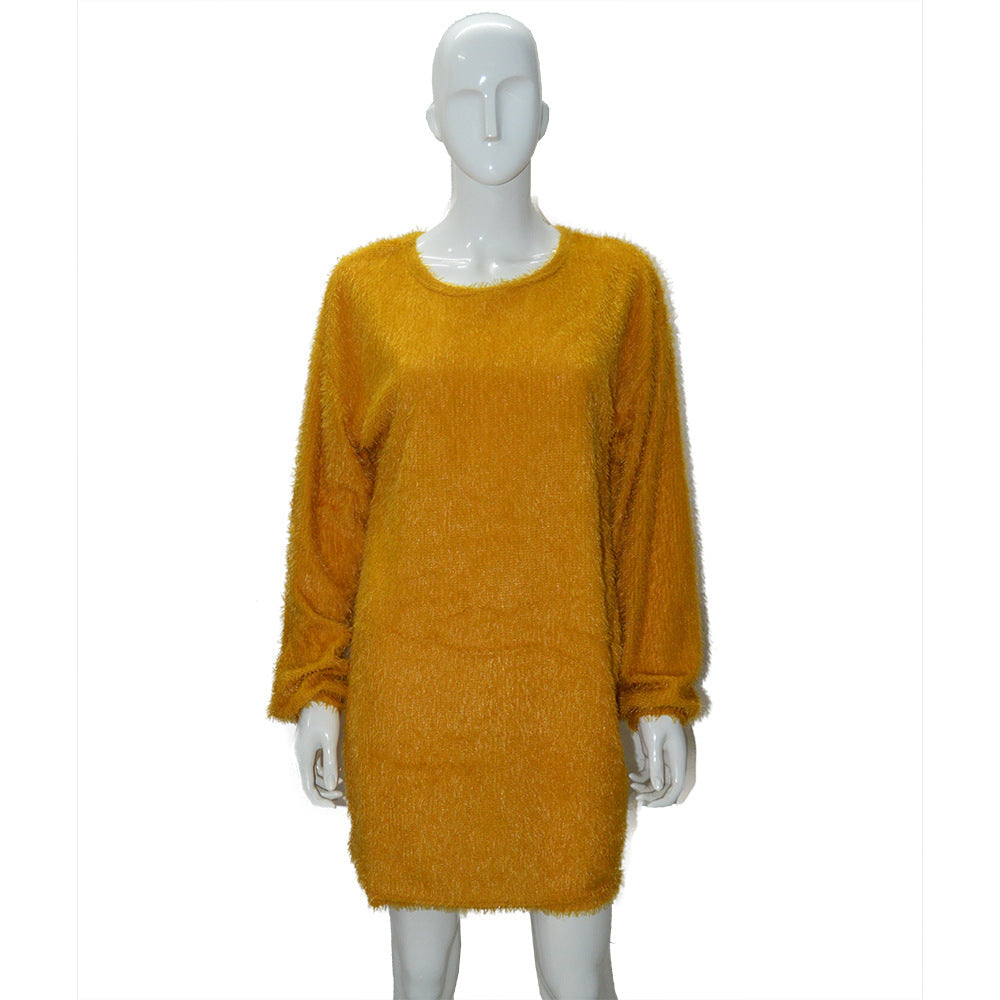 Autumn Winter Women Clothes Mid Length Long Sleeve Round Neck Loose Plush Dress by Ragazza