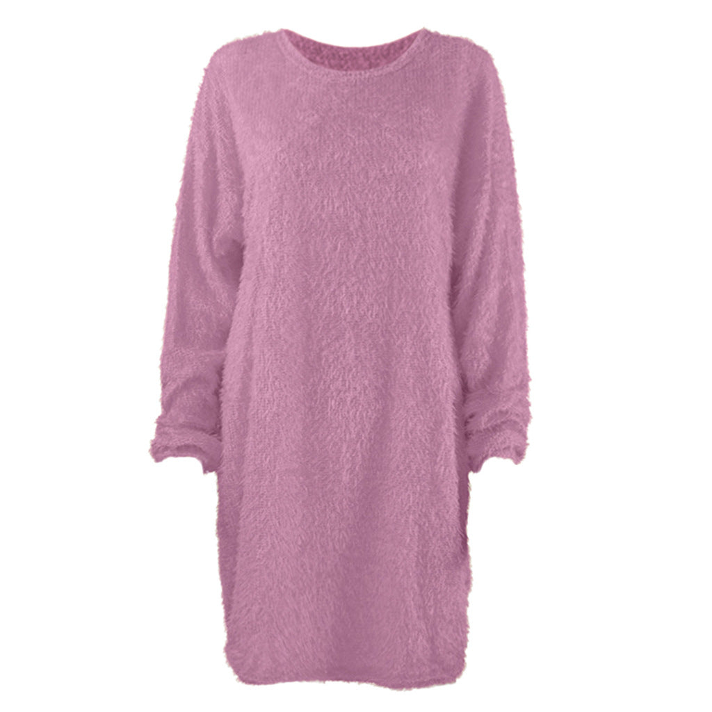 Autumn Winter Women Clothes Mid Length Long Sleeve Round Neck Loose Plush Dress by Ragazza
