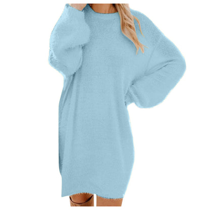 Autumn Winter Women Clothes Mid Length Long Sleeve Round Neck Loose Plush Dress by Ragazza