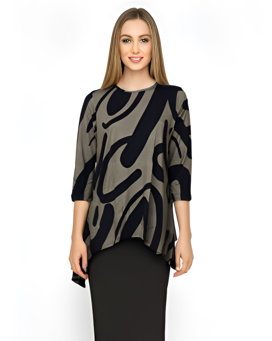 Modest Handkerchief Tunic Top - 3/4 Sleeve Comfort Flow Design by Kosher Casual USA