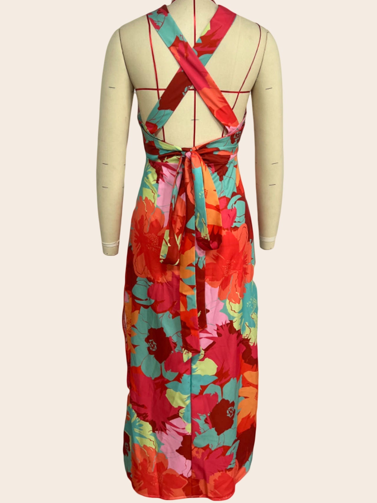 Summer Women Casual V neck Printed Lace up Mid Length Dress by Ragazza