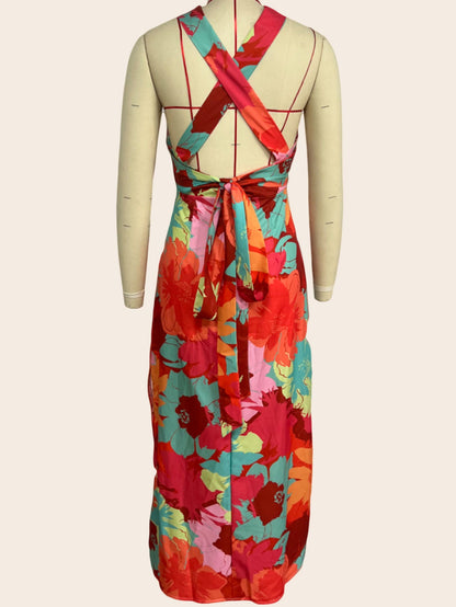 Summer Women Casual V neck Printed Lace up Mid Length Dress by Ragazza