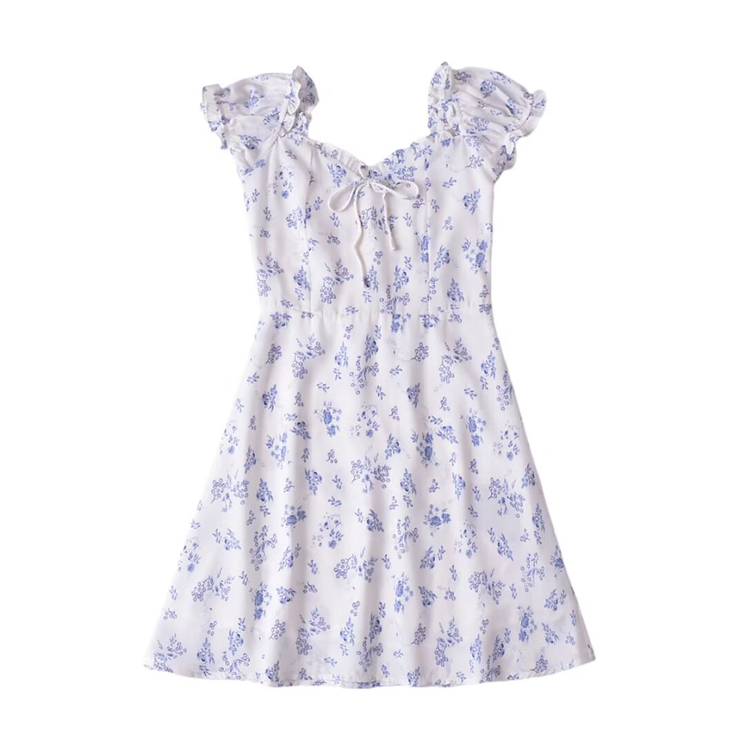 Summer Women Floral Printed Square Collar Lace up Bow Flying Sleeve A line Dress by Ragazza