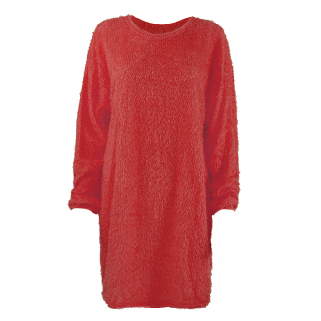 Autumn Winter Women Clothes Mid Length Long Sleeve Round Neck Loose Plush Dress by Ragazza