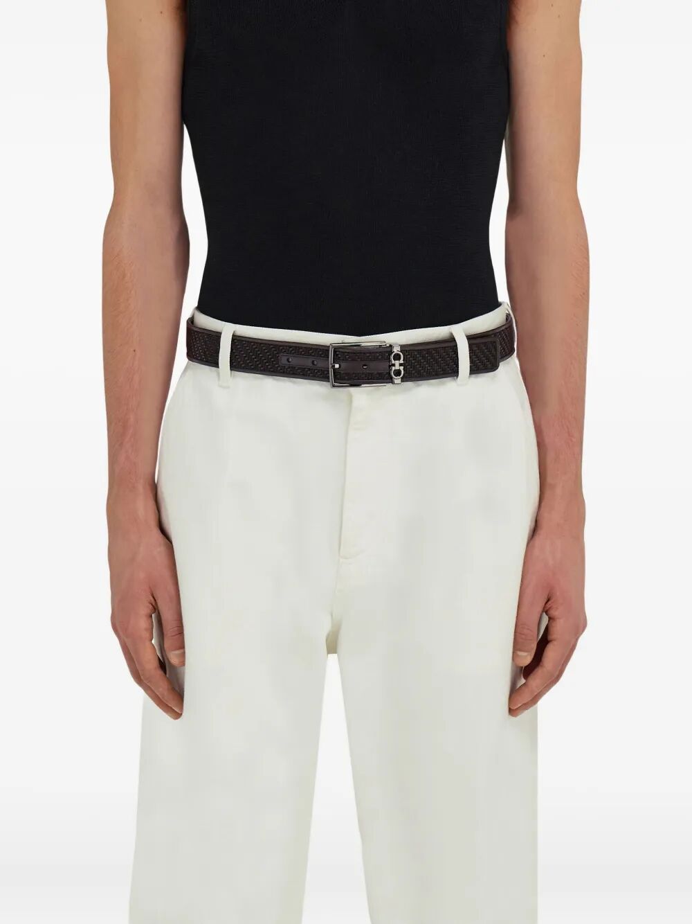 Ferragamo Men Basketweave Effect Leather Belt With Square Buckle by Luosophy
