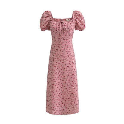Summer Pink Roses Maxi Dress Puff Sleeve Self Tie Dress by Ragazza