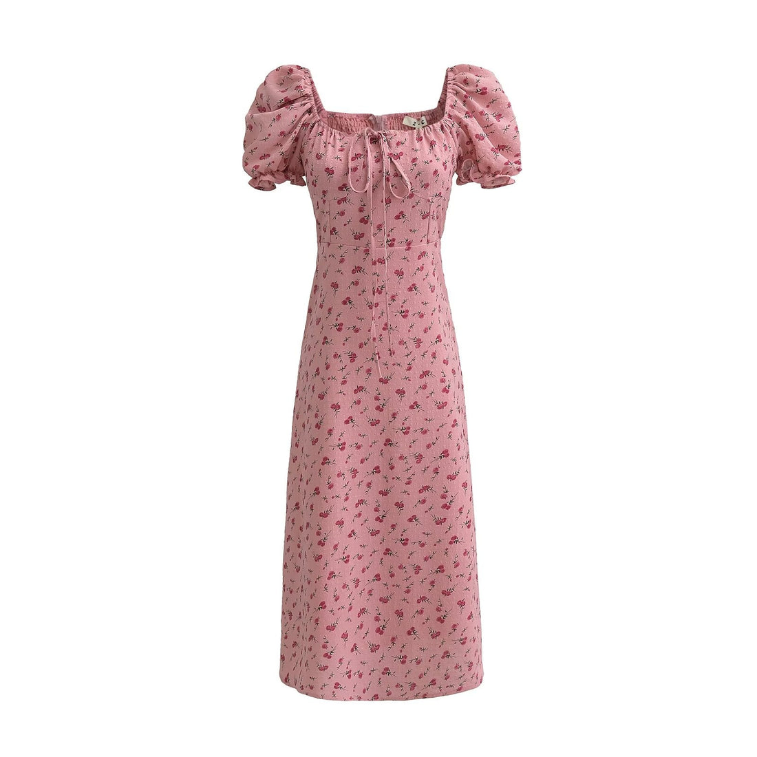 Summer Pink Roses Maxi Dress Puff Sleeve Self Tie Dress by Ragazza
