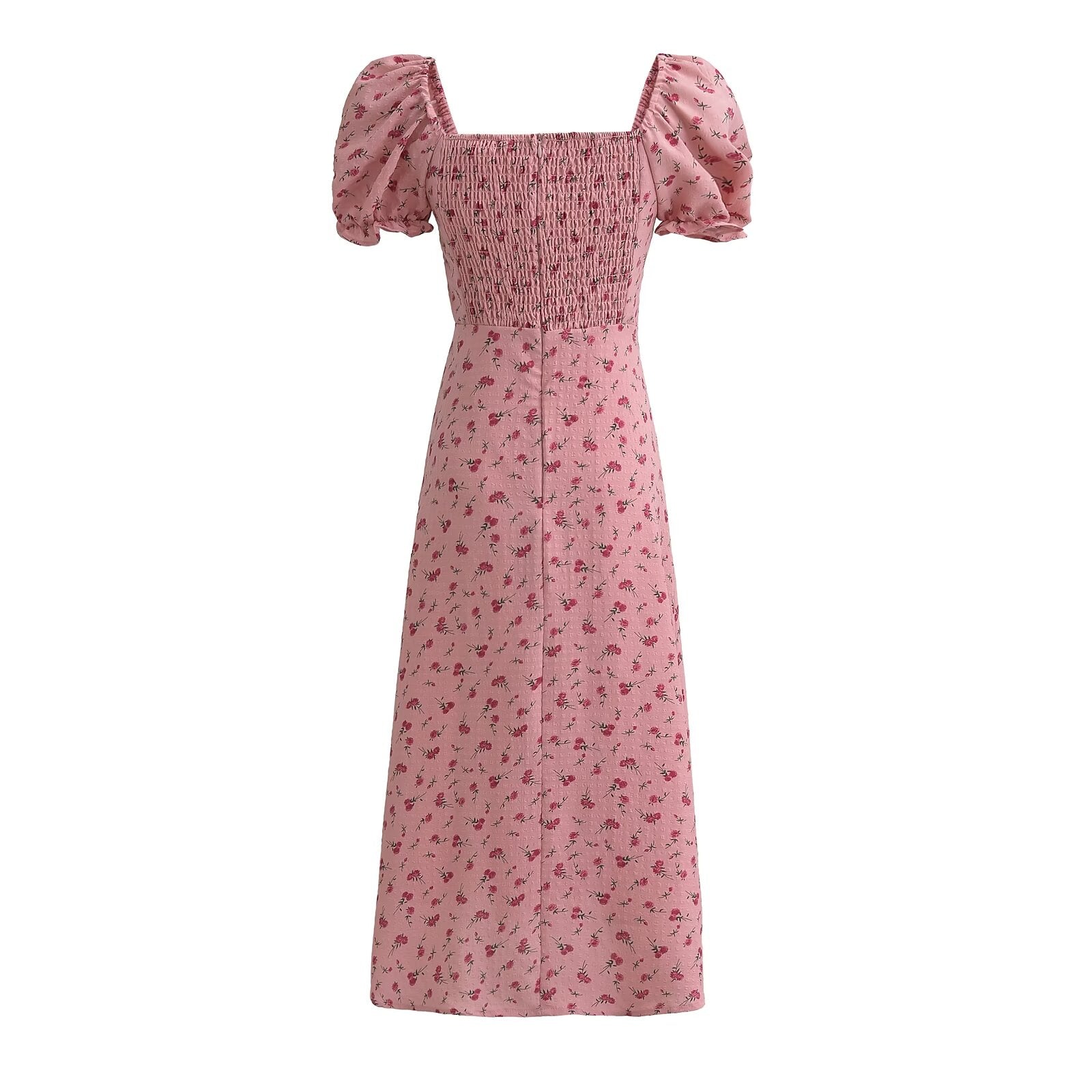 Summer Pink Roses Maxi Dress Puff Sleeve Self Tie Dress by Ragazza