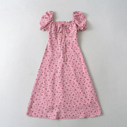 Summer Pink Roses Maxi Dress Puff Sleeve Self Tie Dress by Ragazza