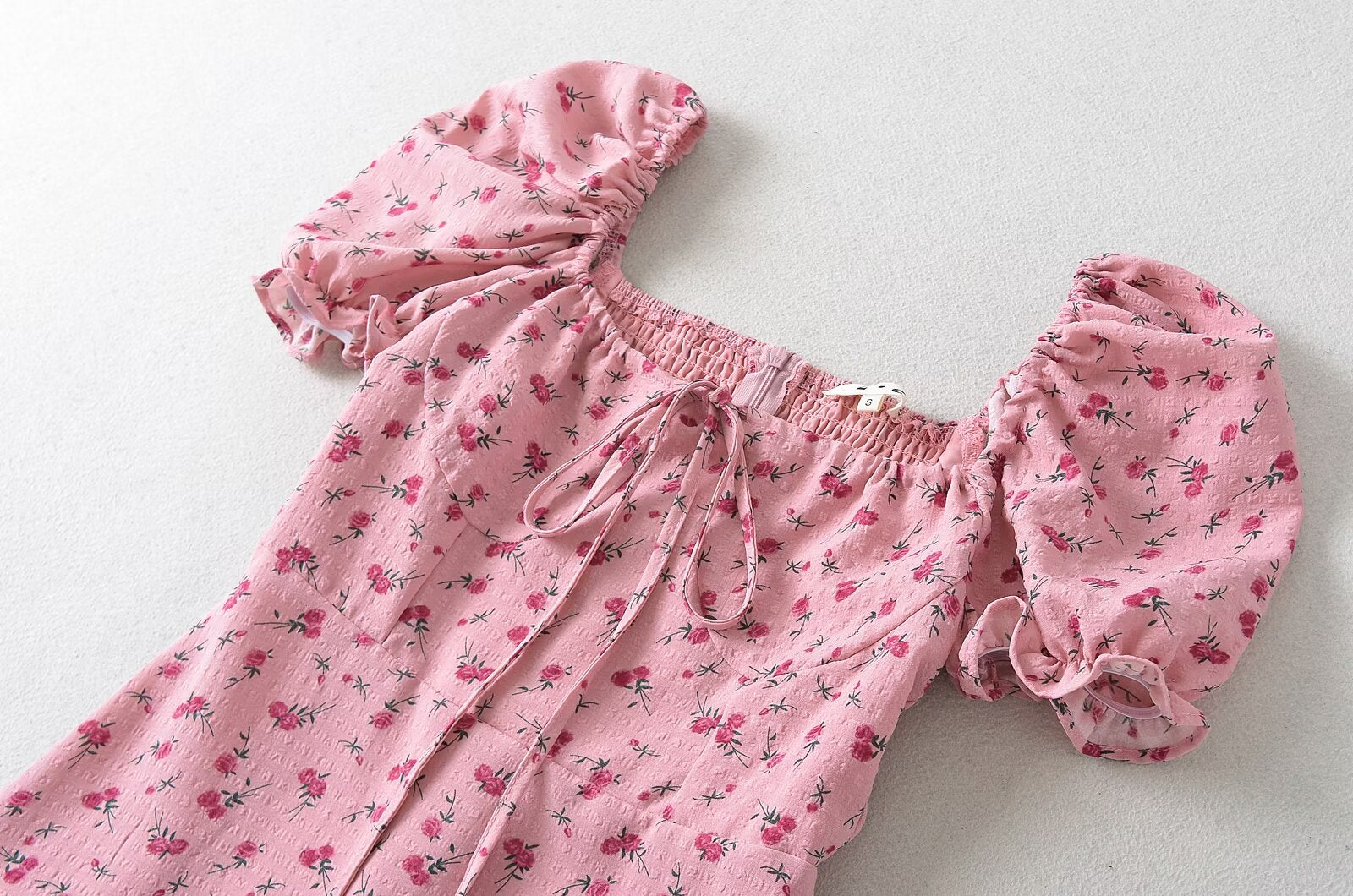 Summer Pink Roses Maxi Dress Puff Sleeve Self Tie Dress by Ragazza