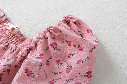 Summer Pink Roses Maxi Dress Puff Sleeve Self Tie Dress by Ragazza