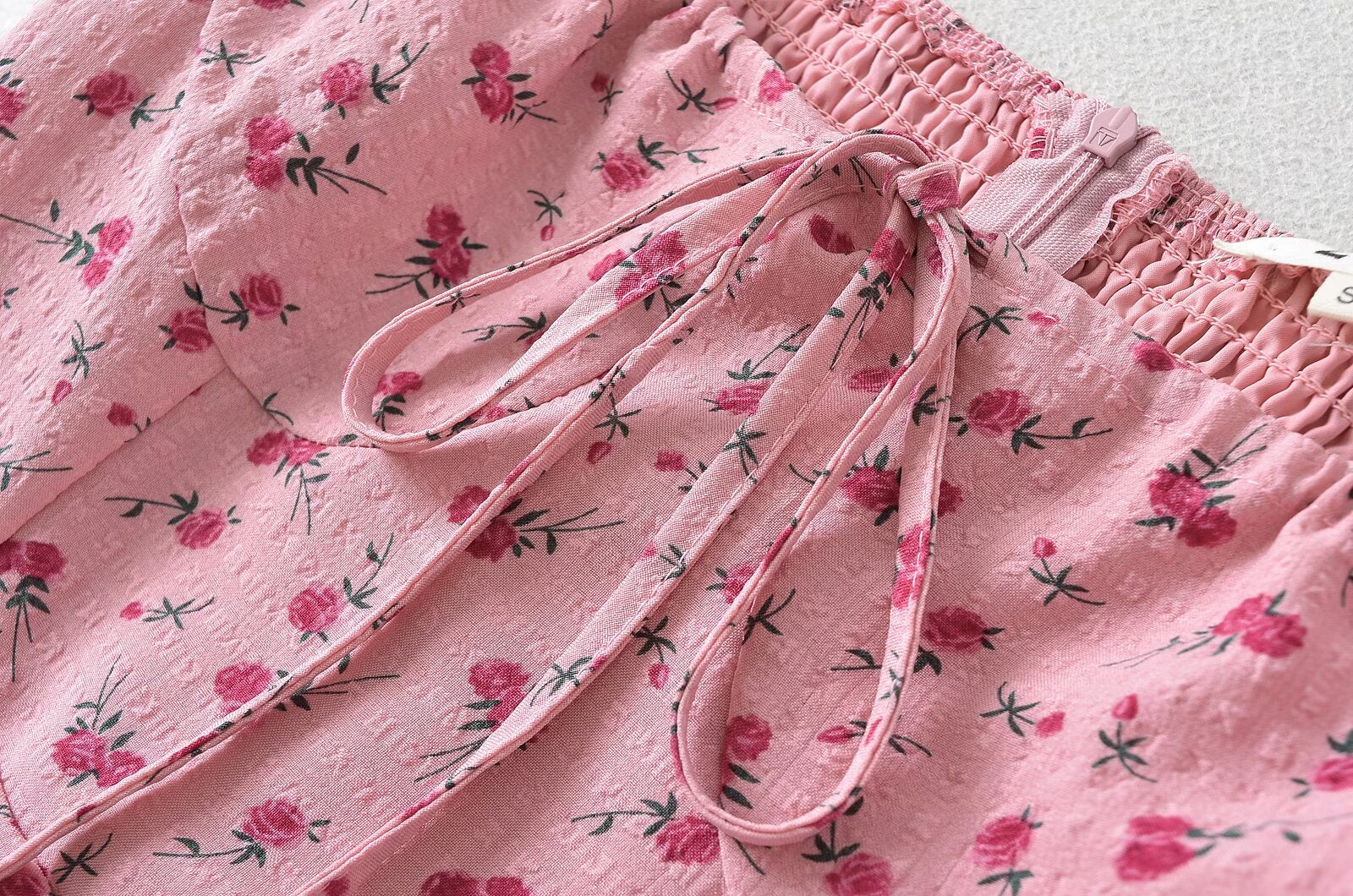 Summer Pink Roses Maxi Dress Puff Sleeve Self Tie Dress by Ragazza