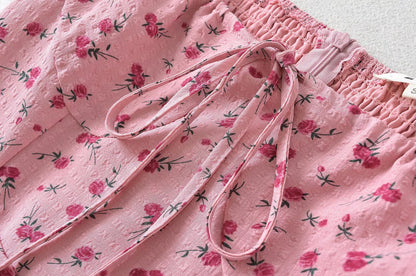 Summer Pink Roses Maxi Dress Puff Sleeve Self Tie Dress by Ragazza