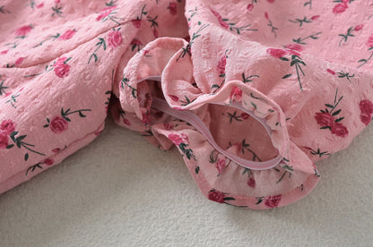 Summer Pink Roses Maxi Dress Puff Sleeve Self Tie Dress by Ragazza