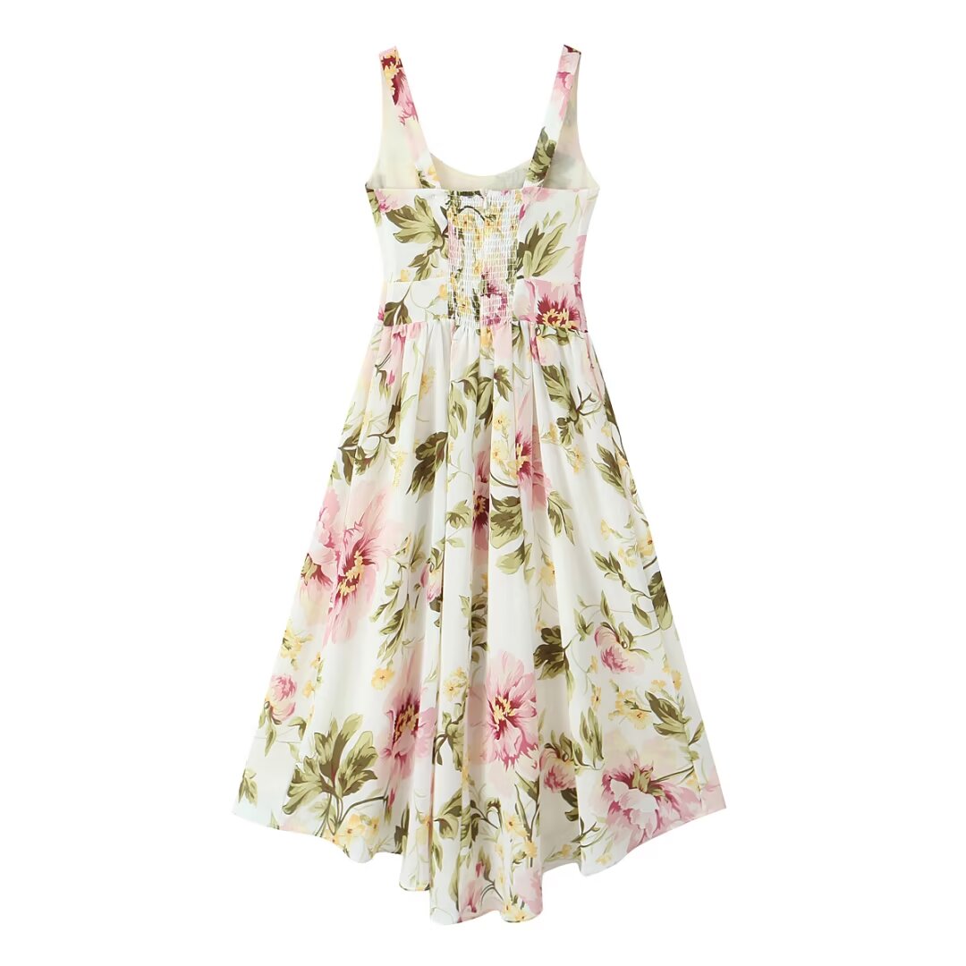 Women Clothing French Vintage Print Lace Up Midi Dress Waist Controlled Slimming Dress by Ragazza