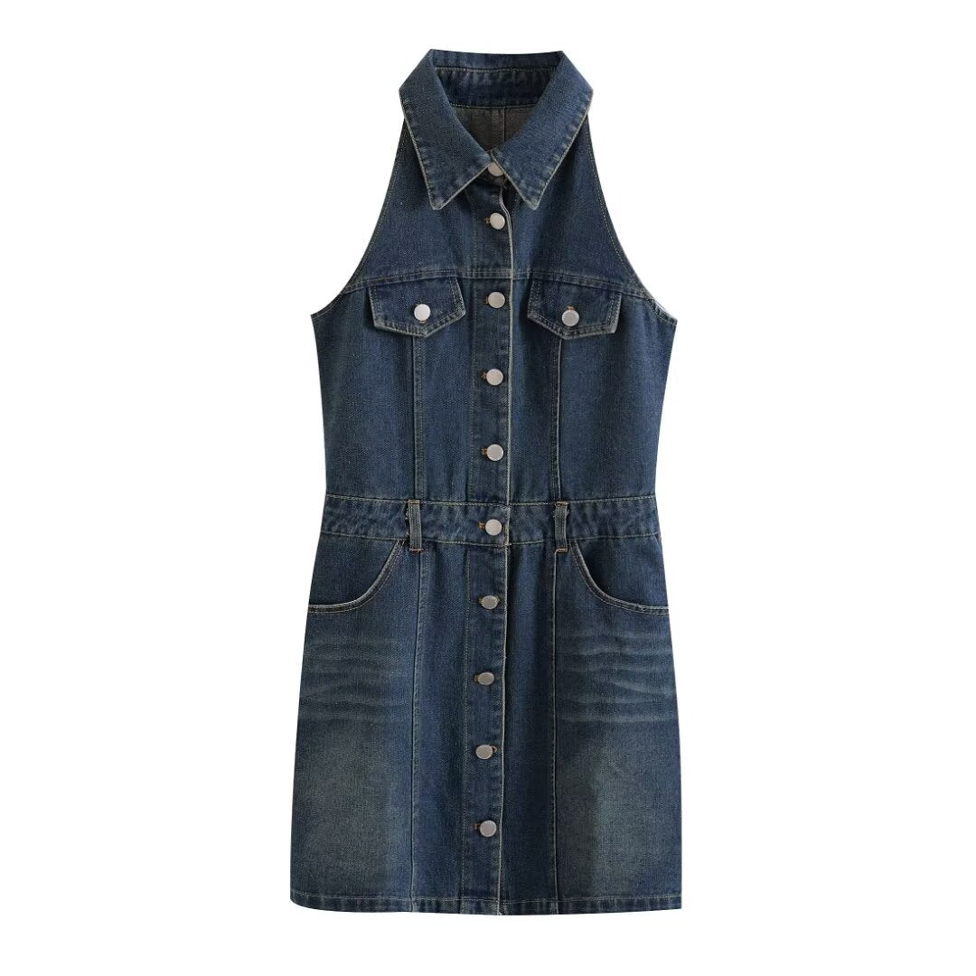 Women Clothing Polo Collar Sleeveless Shirt Loose Casual Denim Dress by Ragazza