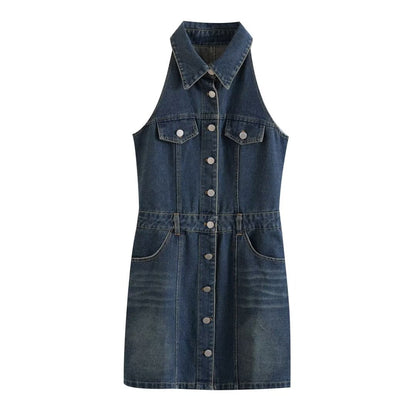 Women Clothing Polo Collar Sleeveless Shirt Loose Casual Denim Dress by Ragazza