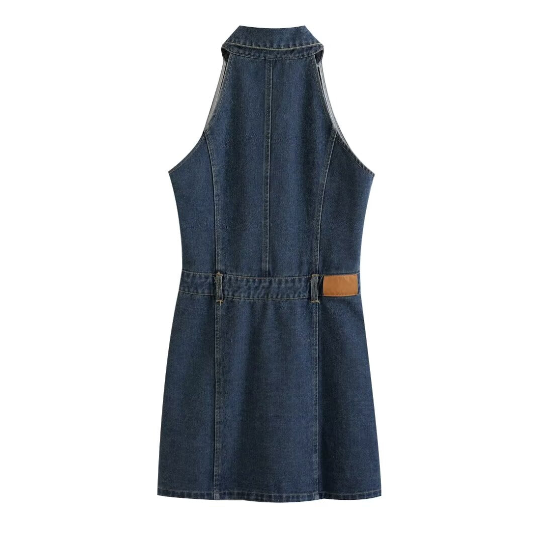 Women Clothing Polo Collar Sleeveless Shirt Loose Casual Denim Dress by Ragazza