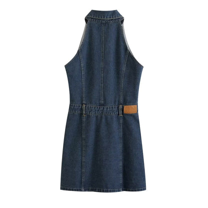 Women Clothing Polo Collar Sleeveless Shirt Loose Casual Denim Dress by Ragazza