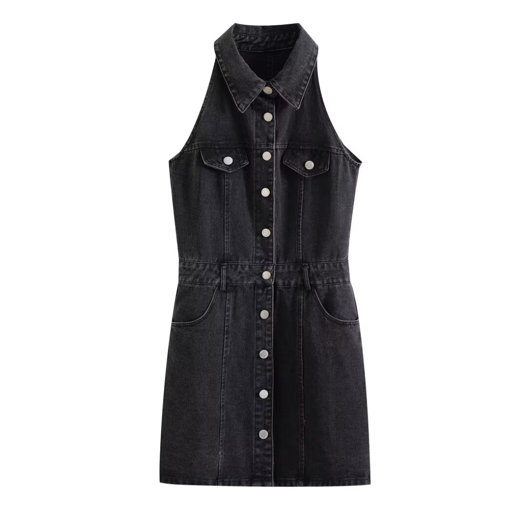 Women Clothing Polo Collar Sleeveless Shirt Loose Casual Denim Dress by Ragazza