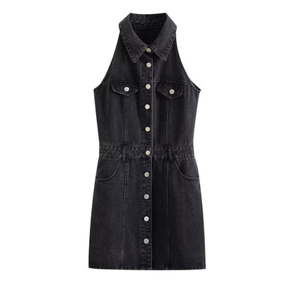 Women Clothing Polo Collar Sleeveless Shirt Loose Casual Denim Dress by Ragazza