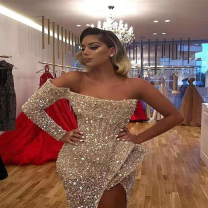 Spring Summer Women Clothing Dress Sexy off the Shoulder Mop Sequined Cocktail Evening Dress by Ragazza