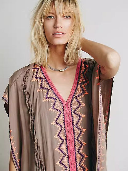 Women Summer Sleeveless Embroidered Ankle Length Cape Dress by Ragazza