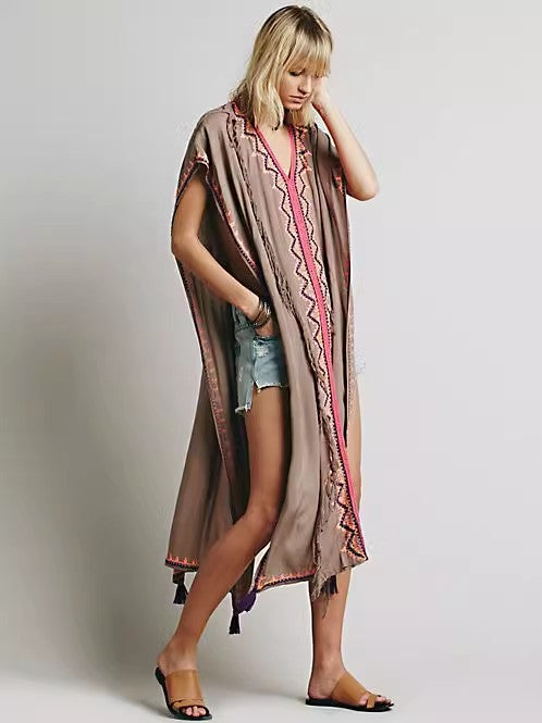 Women Summer Sleeveless Embroidered Ankle Length Cape Dress by Ragazza