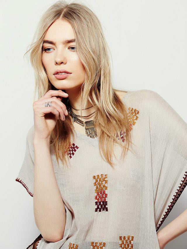 Women Summer Short Sleeved Embroidered Split Dress by Ragazza