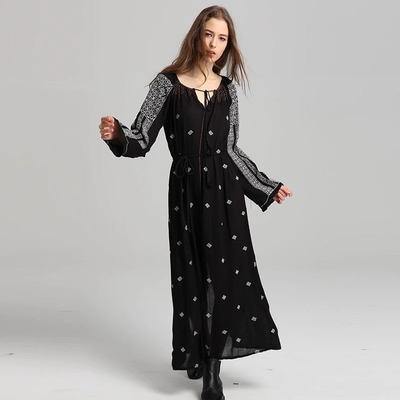 Women Spring Long Sleeve Printed Embroidered A Line Dress by Ragazza