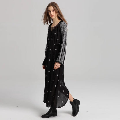 Women Spring Long Sleeve Printed Embroidered A Line Dress by Ragazza