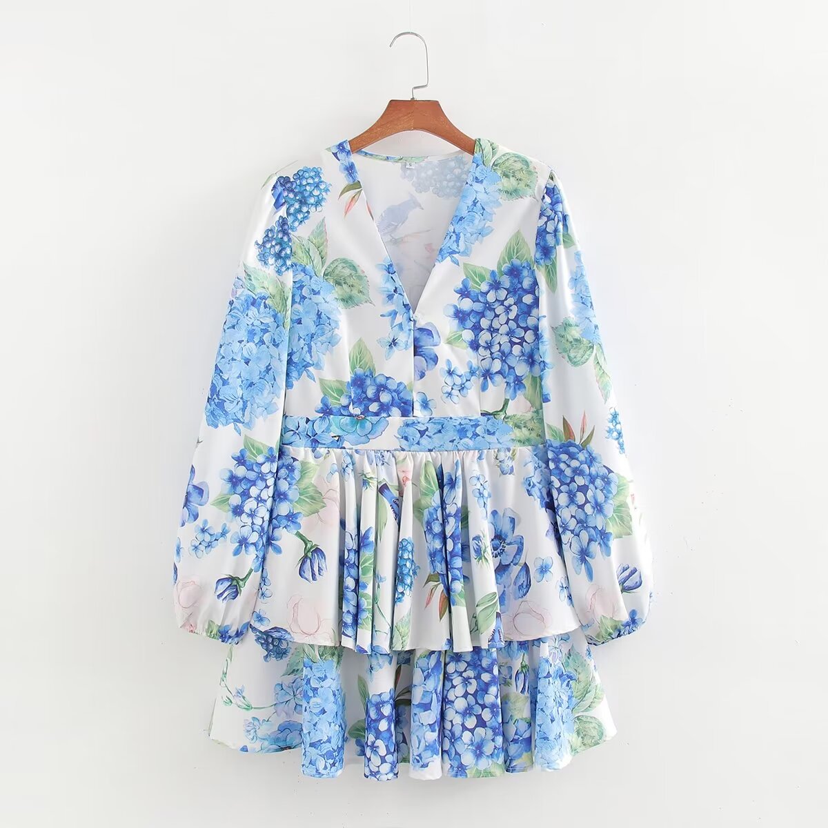 Women Printed Long Sleeve Short Dress Summer Sexy V neck Slim Fit Ruffled A line Dress by Ragazza
