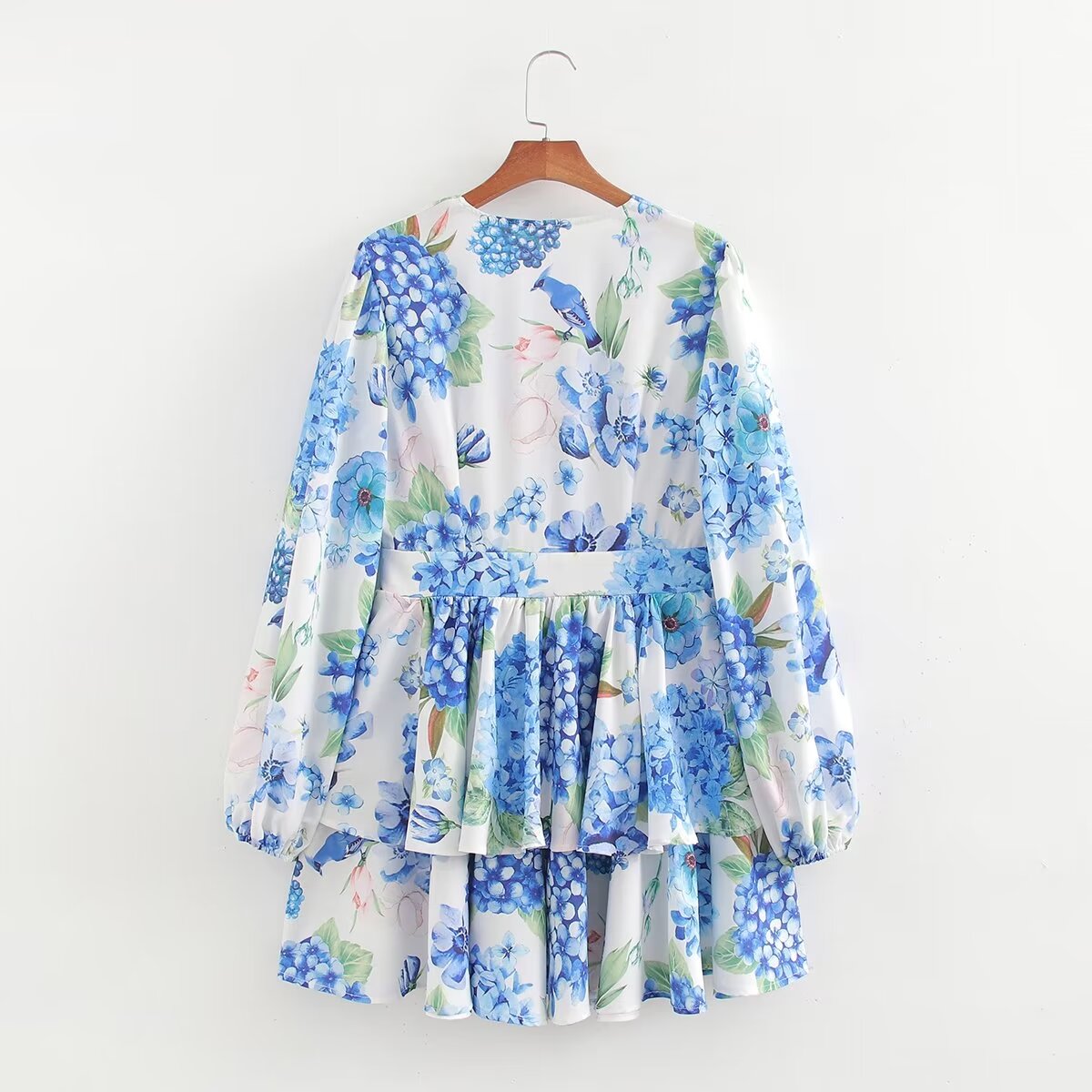 Women Printed Long Sleeve Short Dress Summer Sexy V neck Slim Fit Ruffled A line Dress by Ragazza